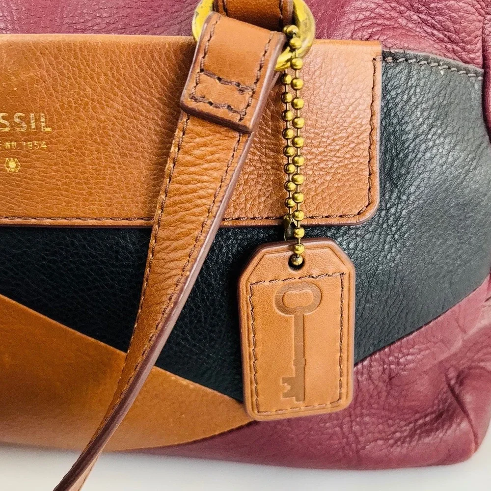 Fossil Burgundy Brown Leather Geometric‎ Patchwork Satchel Crossbody Bag